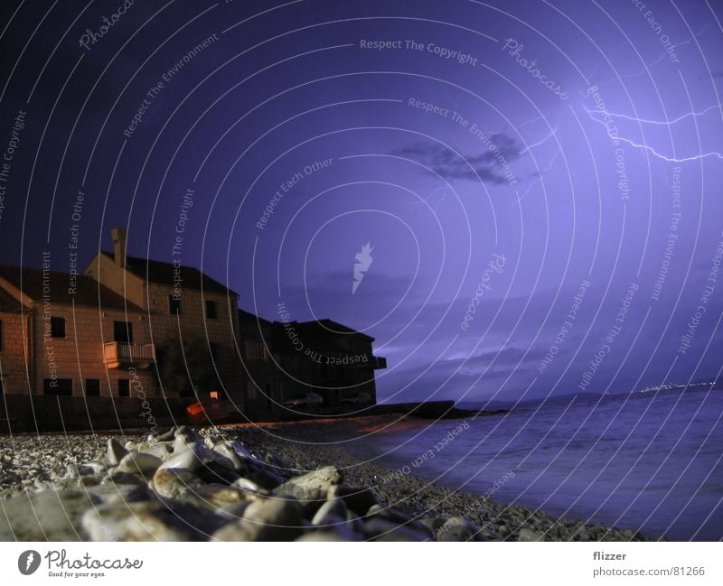 Thunderstorms over Croatia Split Long exposure Ocean Lightning Pebble beach Night sky Housefront Thunder and lightning island bra&#269 sutivan