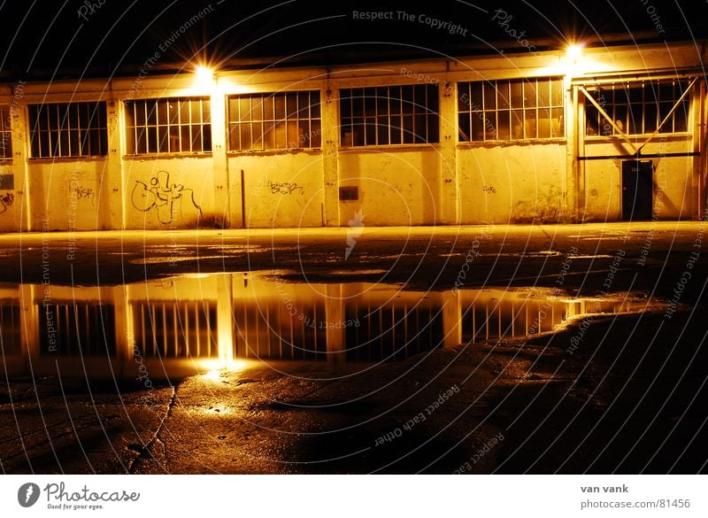 jaundice Puddle Night Factory Yellow Glimmer Industrial plant Mural painting Parking lot Lantern Lamp Workshop Subsoil Loneliness Window Dark Asphalt