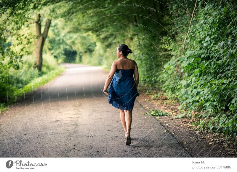 Walk [ 900 ] Human being Young woman Youth (Young adults) 30 - 45 years Adults Nature Landscape Summer Tree Grass Bushes Street Dress Footwear Black-haired