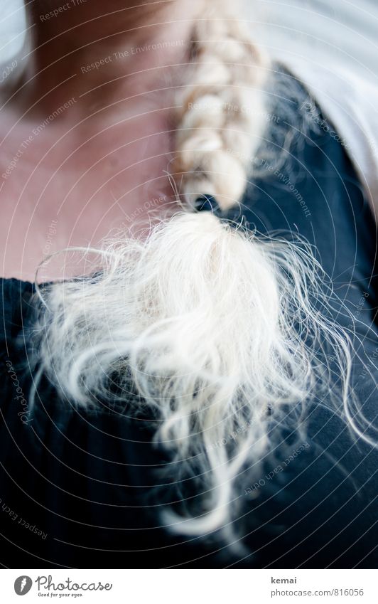 plait Hair and hairstyles Blonde Long-haired Braids Hang Bright Black White Low neckline Neck Plaited Bound Colour photo Subdued colour Close-up Day Light