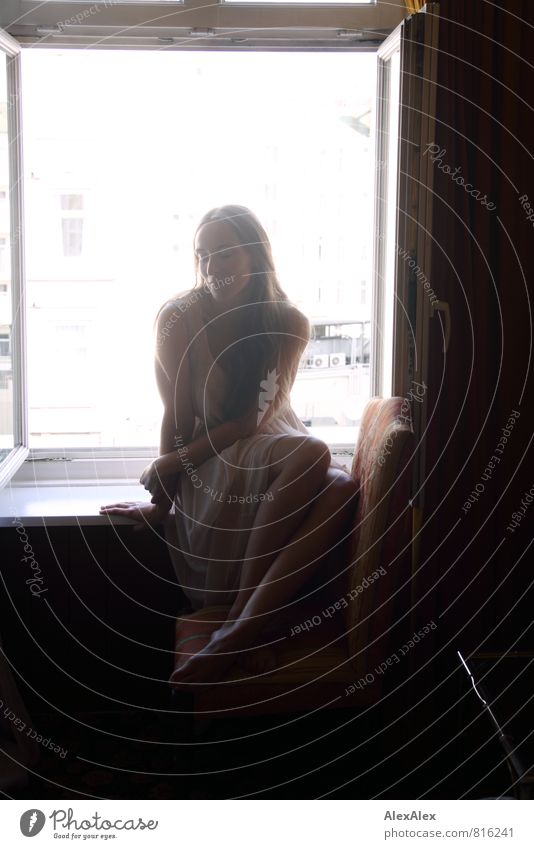 afraid of heights Young woman Youth (Young adults) Body Legs 18 - 30 years Adults Hotel room Window Interior shot Back-light Dress Barefoot Brunette Long-haired