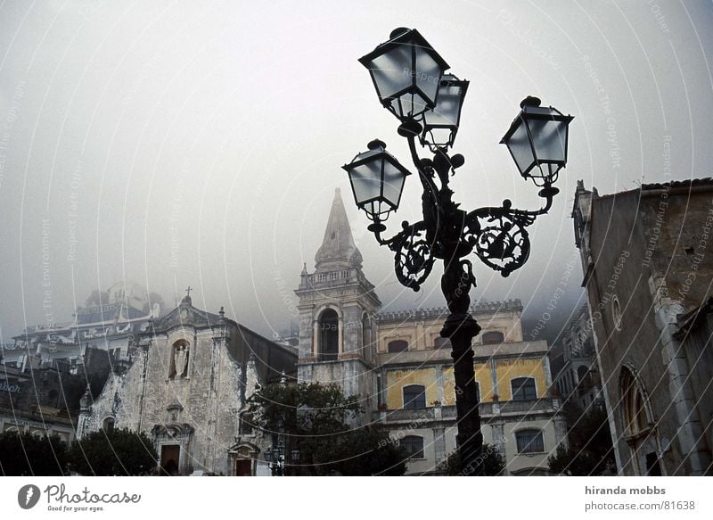 Taormina in fog Fog Italy Lantern Gloomy Grief Calm Sunbeam Sicily Shroud of fog Contemplative Deserted House of worship Vail Loneliness Badlands To be silent