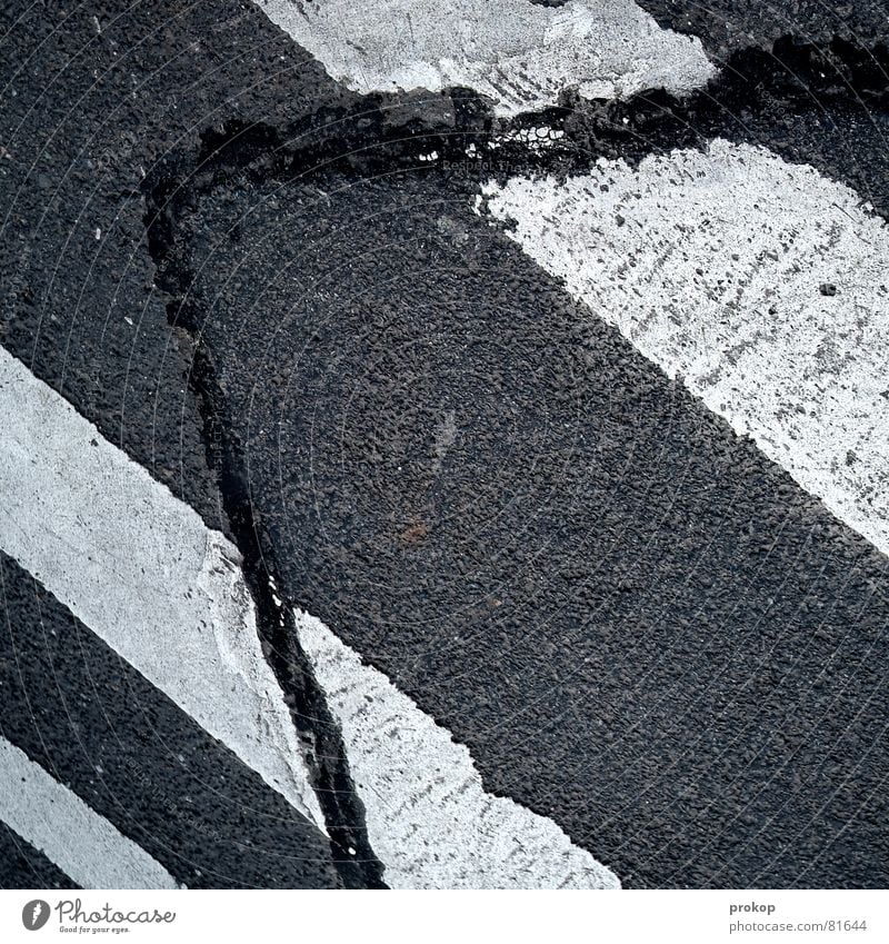 Friend in need Resurrect Asphalt Traffic lane Tar Broken Stripe Zebra crossing Gray Black Rasping Rough Lane markings Fraud Repaired Geometry Raw Construction