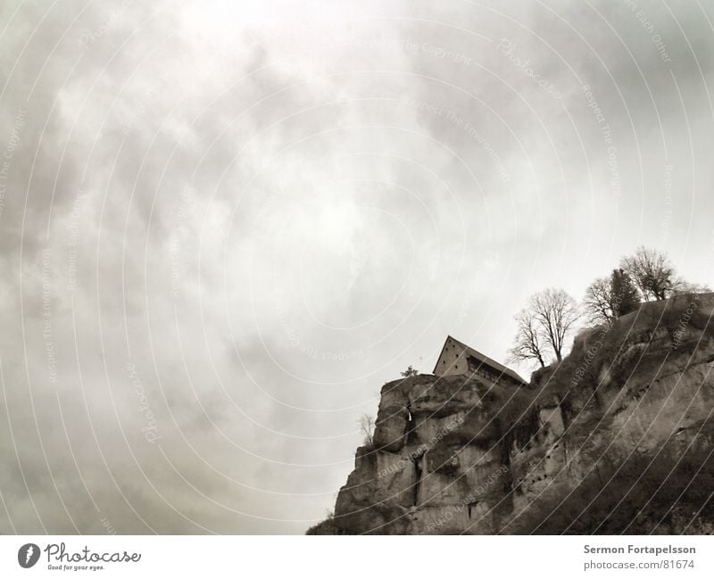 contemporary witnesses Franconian Switzerland Windowsill Clouds House (Residential Structure) Tree Dark Dreary Hard Loneliness Wall (barrier) Masonry Ruin