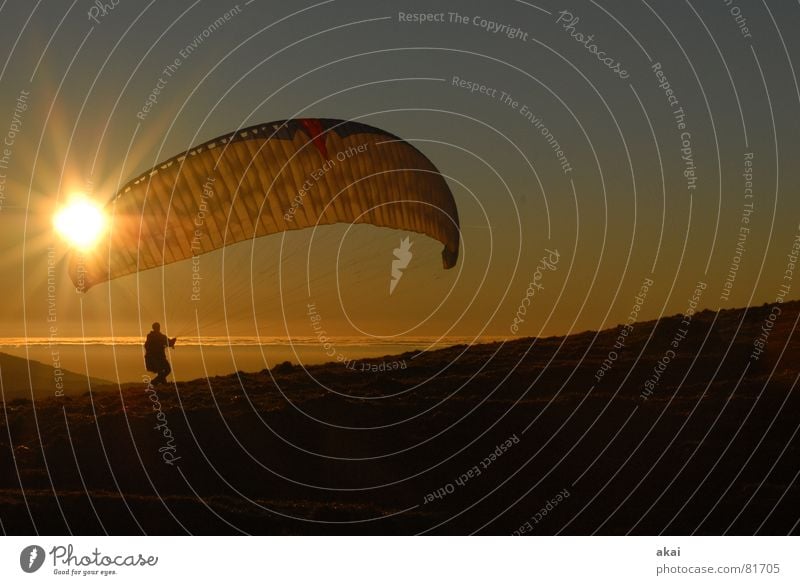 Paraglider at Schauinsland Paragliding Play of colours Sky blue Romance Sunlight Sunbeam Sunset Departure Homey Evening Twilight Bronze Emotions Puppy love