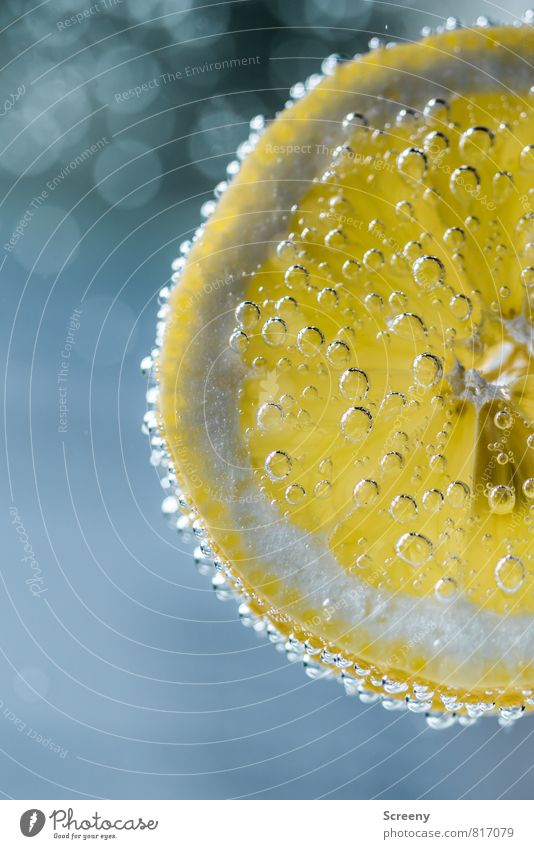 refreshingly Food Fruit Lemon Nutrition Beverage Cold drink Drinking water Fluid Sour Blue Yellow Carbonic acid Bubble Bubbling Fresh Blur Colour photo Detail