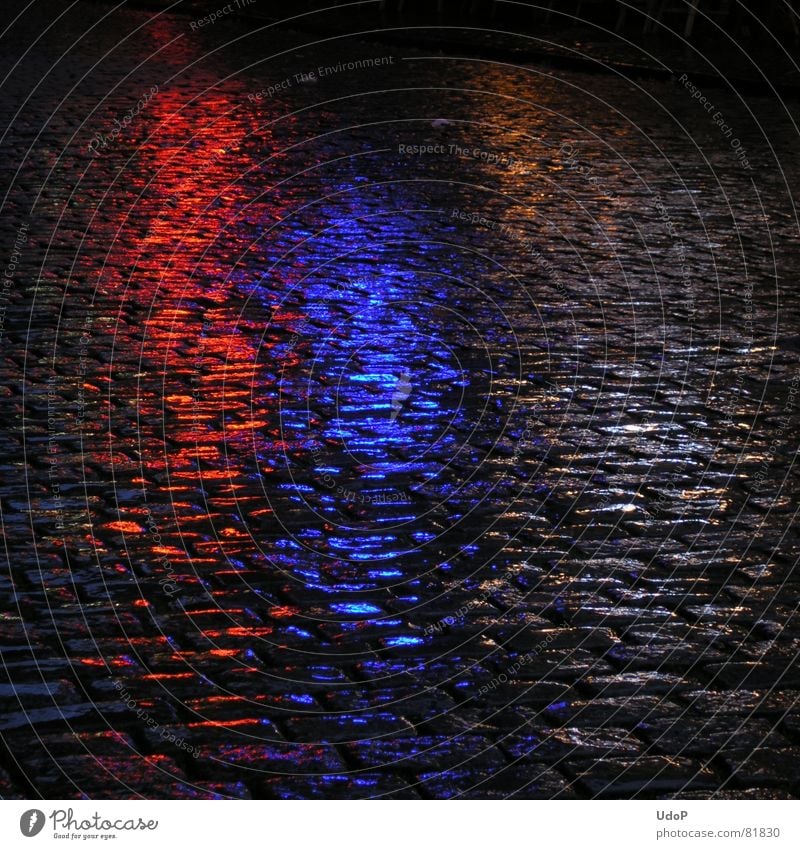 Dutch Colours Night Light Wet Red Black Netherlands Reflection Pavement Rain Damp Traffic infrastructure Blue abundant rain Flare Paving stone