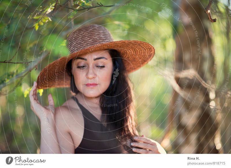 Madame R. III Tree Leaf Forest Dress Hat Stand Rooya Hand Light Blur Shallow depth of field Portrait photograph Upper body Downward