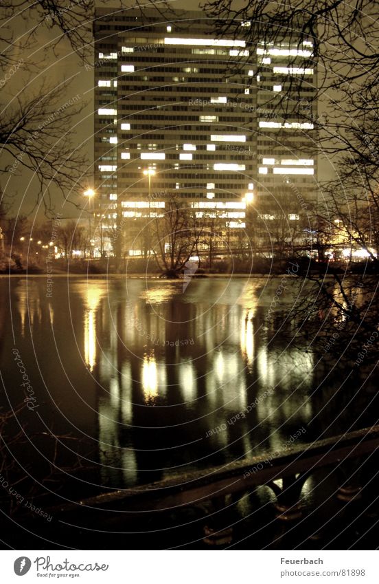 Three-pane skyscraper mirror Colour photo Exterior shot Evening Night Light Reflection Light (Natural Phenomenon) Winter Garden Mirror Work and employment Water