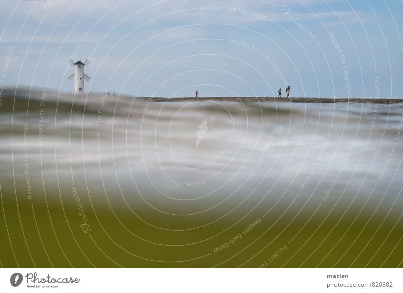 pop up Human being 3 Landscape Water Sky Clouds Horizon Sunlight Weather Beautiful weather Waves Coast Baltic Sea Blue Green White Mole Lighthouse