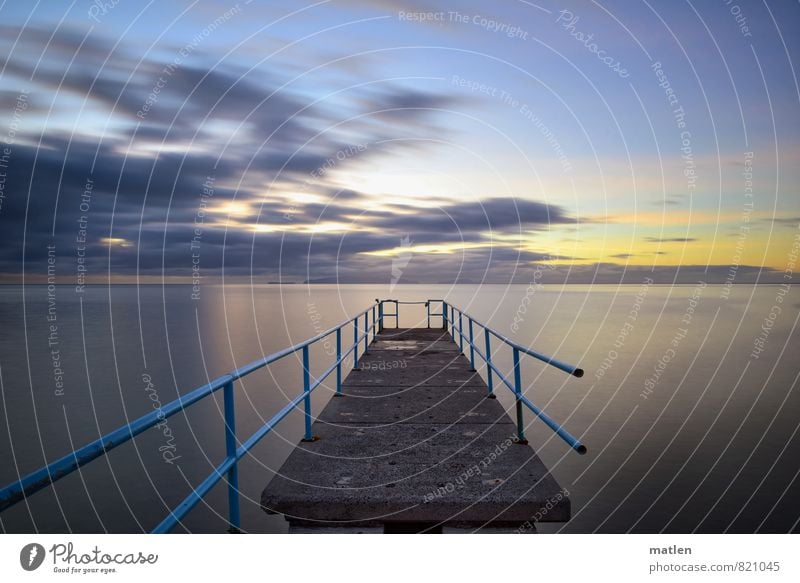 discontinuity Landscape Sky Clouds Horizon Sun Sunrise Sunset Spring Weather Beautiful weather Coast Ocean Deserted Bridge Blue Yellow Gray Decline Rust