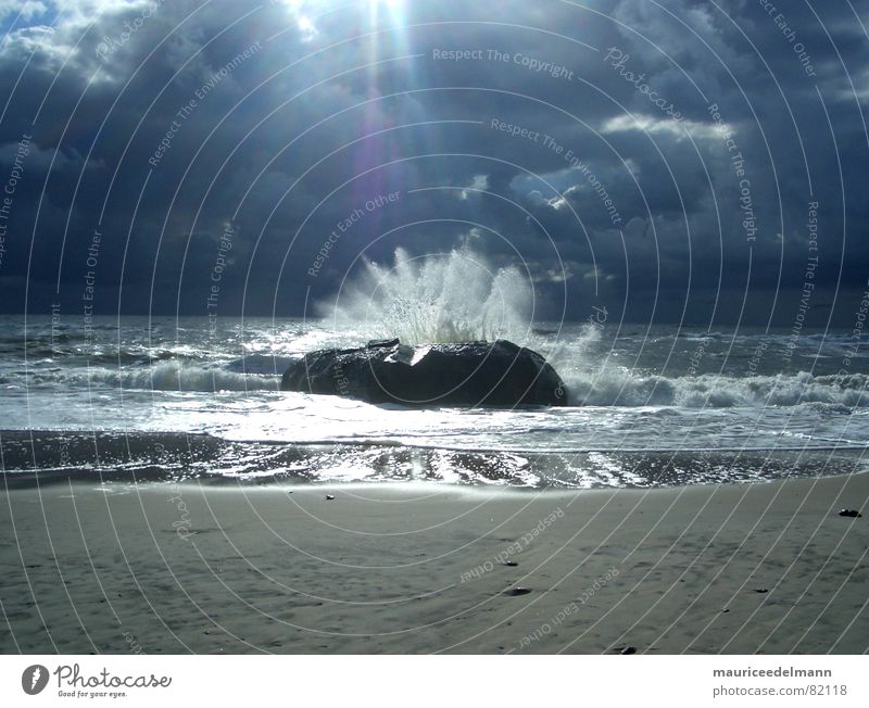 Bunker in the surf Beach Ocean Clouds Surf Low tide Dark Black Horizon Air raid shelter Storm Water fountain Reflection Spray Blue Autumn Europe Dugout Sun