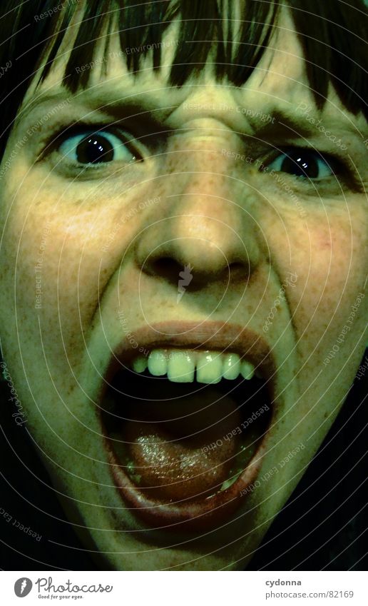 Scream in the night Portrait photograph Woman Face Appearance Lips Haircut Release Self portrait Emotions Looking Shoulder Dark Night Panic Fear Dangerous