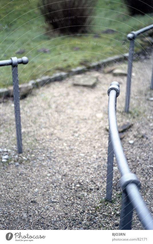 threesome Analog Portrait format Vertical Safety Green Gloomy December Gravel 3 Bushes Practice Rod outdoor school Scan Colour Stone Handrail Lawn Metal Equal