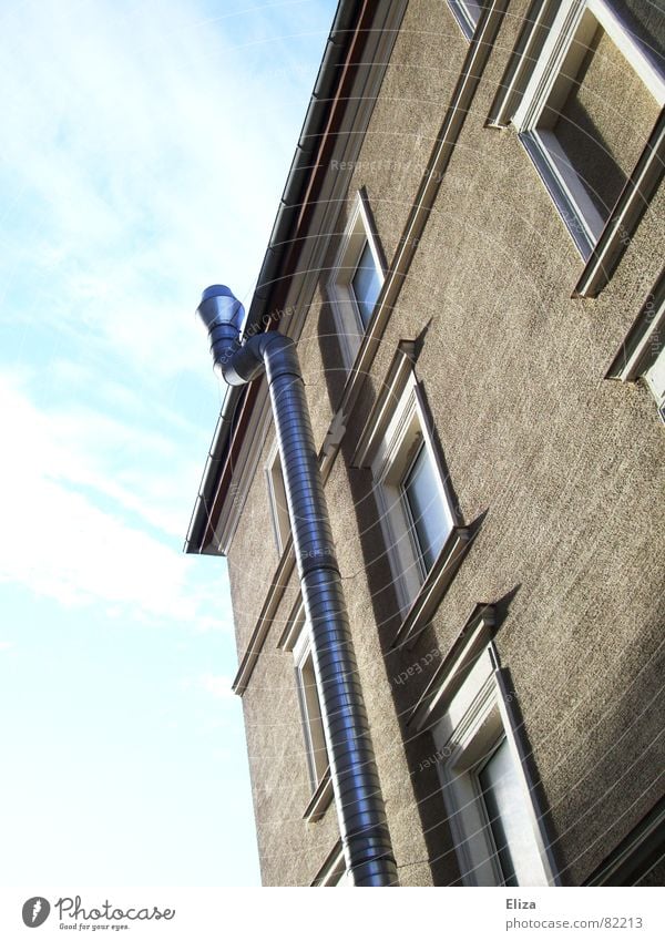 Where does it go? Building Ventilation House (Residential Structure) Window Wall (building) Clouds Glittering Brown Gray Curved Window pane Facade Window frame