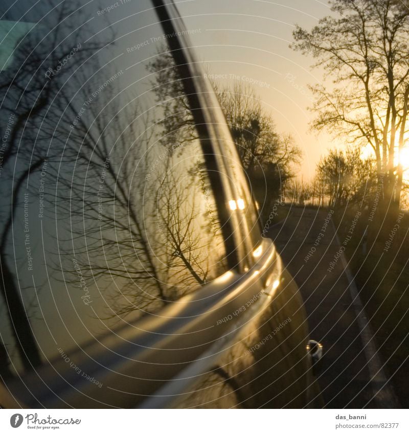 turn around Carriage Freeway Airstream In transit Means of transport Speed Reflection Mirror Sunset Physics Autumn Cold Tree Window Window pane Asphalt Past