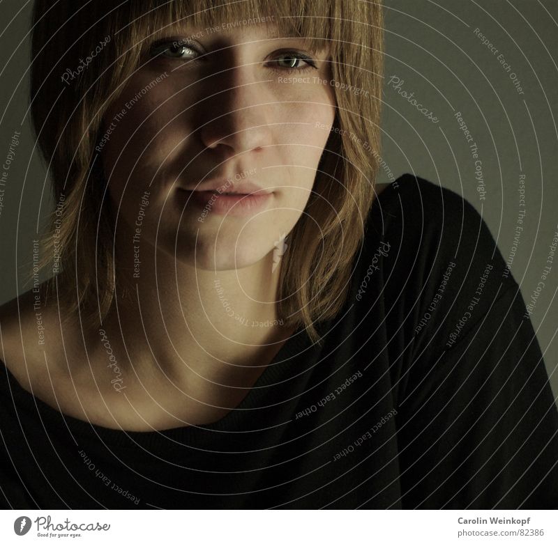 Outside: A Storm - Inside: A Smile Portrait photograph Woman Blonde Black T-shirt Collarbone Neon light Shoulder Lips Bangs Hair and hairstyles Neck Eyes Nose