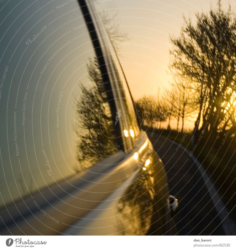 turn around ² Carriage Freeway Airstream In transit Means of transport Speed Reflection Mirror Sunset Physics Autumn Cold Tree Window Window pane Asphalt Past