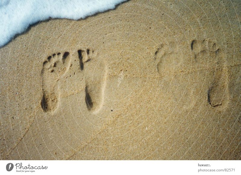 A moment of happiness Together Beach Transience Toes 2 Small Large Foam Stand Footprint Ocean Waves To enjoy Joy Wet Walk on the beach Barefoot Wait Sand