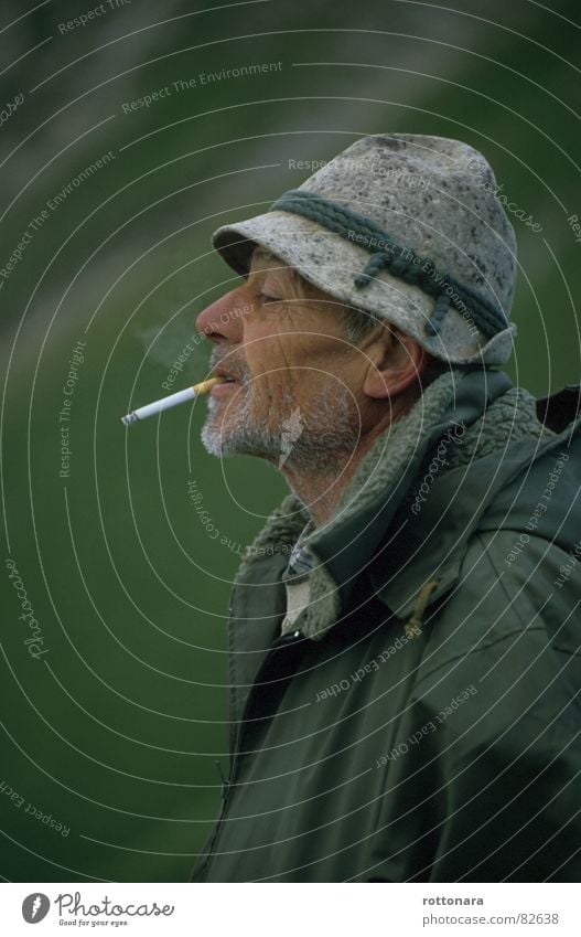 David Green Alpine pasture Summer Dolomites Fog Miner Mountain pasture Masculine Man Smoking Pasture Farmer Hat Senior citizen Cigarette Smoke Profile Jacket