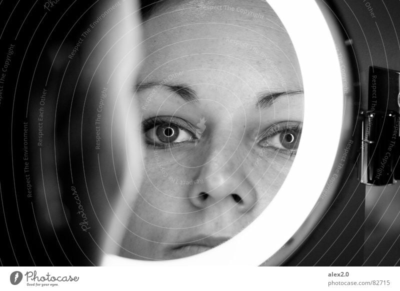 dark circles Woman Mirror Black Reflection Think Looking Audience Pupil Mirror image Concentrate Black & white photo self-critical Eyes Circle Iris