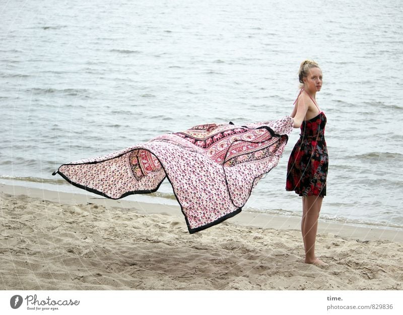 windy | Nelly Sand Water Waves coast River bank Beach Dress Cloth Barefoot Rag Blonde Long-haired Braids Observe To hold on Flying Looking Stand Dance Elegant