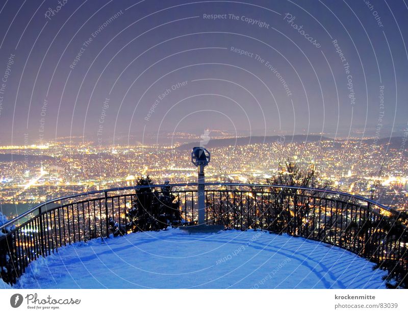 The sky above Zurich Night Vantage point Town Switzerland Panorama (View) Telescope Middle Bird's-eye view Review Winter Uetliberg Light Evening Snow Clarity