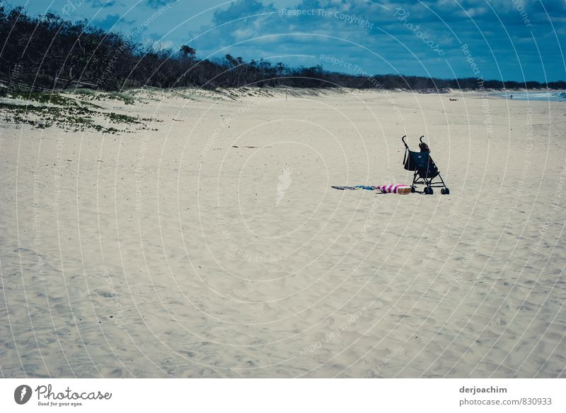 Lonely and alone, a pram without a child stands on the beach in the white sand, blue sky and bushes on the left side. Vacation & Travel Summer vacation Beach