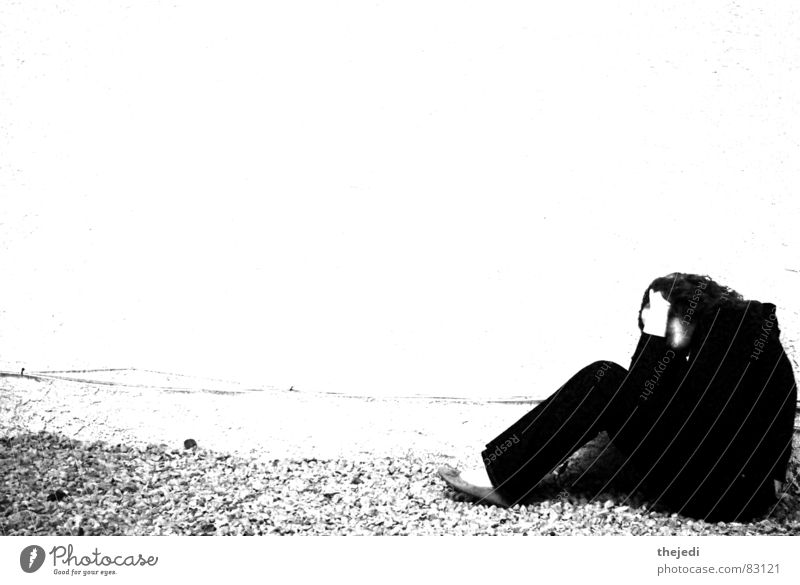 alone Woman black white wide screen gravel Wall (barrier)