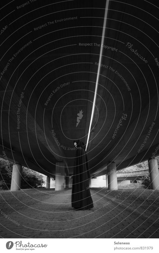 the dark side Human being 1 Highway Overpass Tunnel Bridge Coat Dark Column Escape Vanishing point Concrete Black & white photo Exterior shot Copy Space top