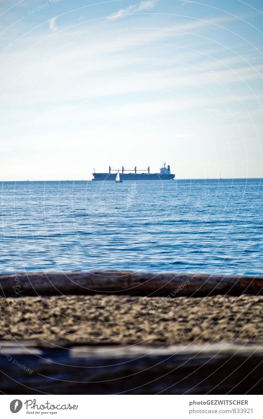 cargo ship Navigation Container ship Loneliness Experience Colour Horizon Vacation & Travel Far-off places Earth Cargo-ship Sailboat Ocean Beach Colour photo