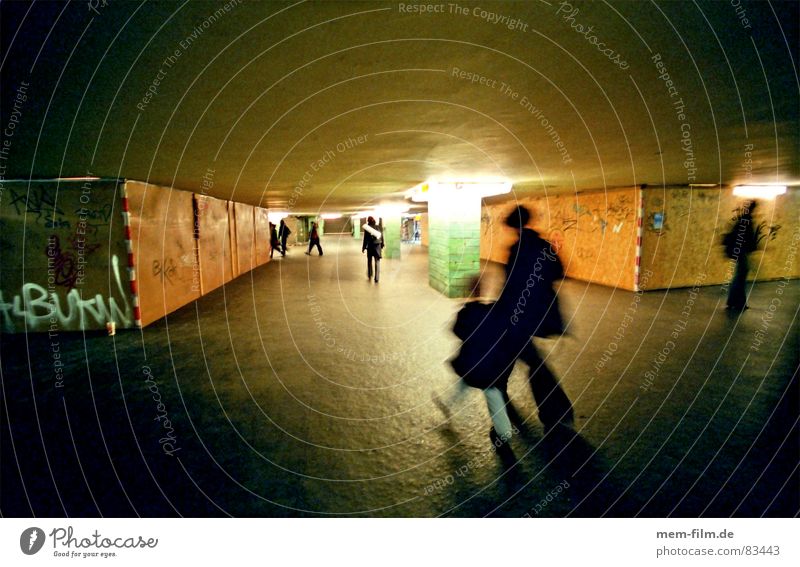 underground 1 Passenger traffic Subsoil Underground Neon light Hoarding Construction site Berlin Motion blur Commuter Train station Group mother and child