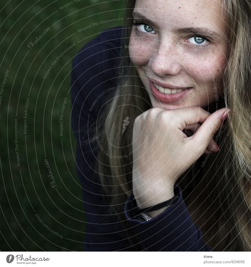 . Feminine Young woman Youth (Young adults) 1 Human being Garden Sweater Bracelet Blonde Long-haired Observe Smiling Looking Wait Friendliness Beautiful Joy