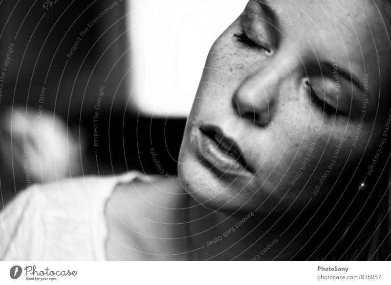 pause. Human being Feminine Nose Mouth 1 Authentic Gray Black Silver White Black & white photo Interior shot Copy Space left Day Shadow Contrast