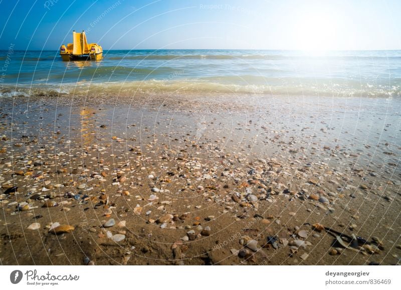 Yellow lifeboat on the beach Save Beautiful Life Relaxation Vacation & Travel Summer Sun Beach Ocean Nature Landscape Sand Sky Coast Watercraft Blue White