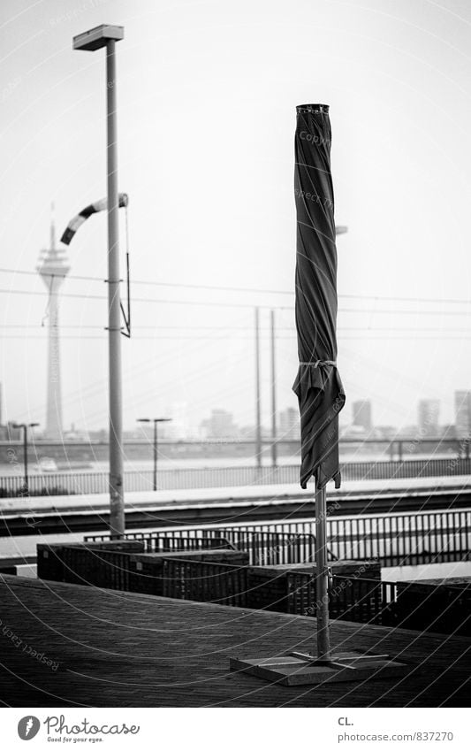 most beautiful city on the rhine Sky Town Places Bridge Tourist Attraction Rheinturm Sunshade Duesseldorf Black & white photo Exterior shot Deserted Day