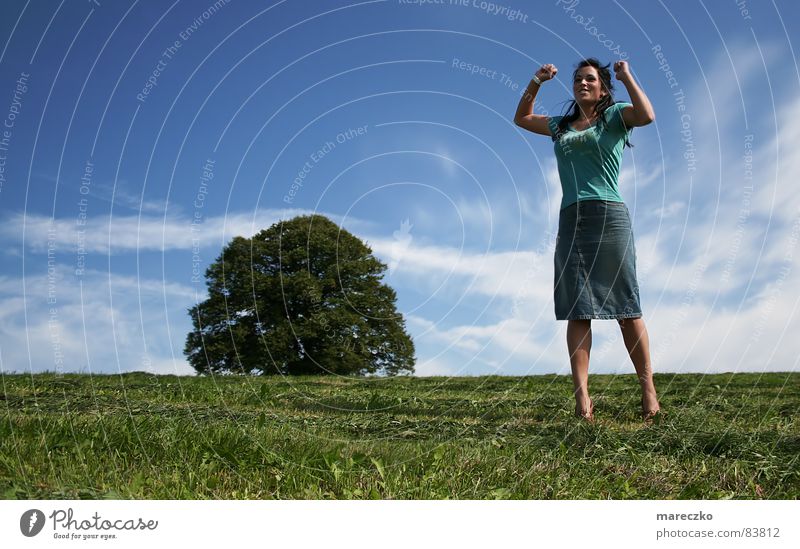 achievement Success Summer Tree Woman Lust Joie de vivre (Vitality) Happiness Joy Hop Jump Vacation & Travel Hot Reach cry of pleasure one person Sky sheep