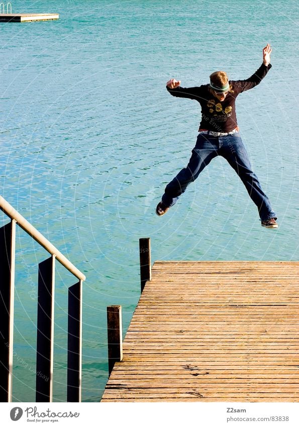 joyful leap Lake Jump Hop Action Style Footbridge Wood Body of water Wood flour 5 Headband Jacket Old-school Broken Sunglasses Under Yellow Physics Man Joy fun