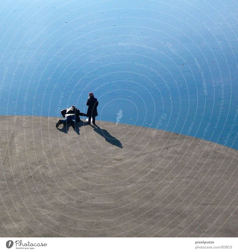 Ice-cold games. Lake Ice-cream vender Thorough Splashing Concrete Hard Round Platform Father Daughter Child Stand Shadow Curved Delicious Ice floe Body of water