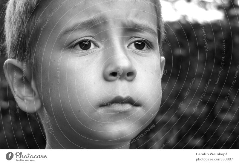 Longing? Cheek Child Small Sweet Black Student Jug ears Lips Chin Brown eyes Furrowed brow Far-off places Moritz Boy (child) B/W Black & white photo Schoolchild