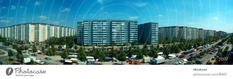 Panorama prefabricated building Architecture Large Prefab construction Berlin Hohenschönhausen widescreen Blue sky Panorama (Format) Colour photo Exterior shot