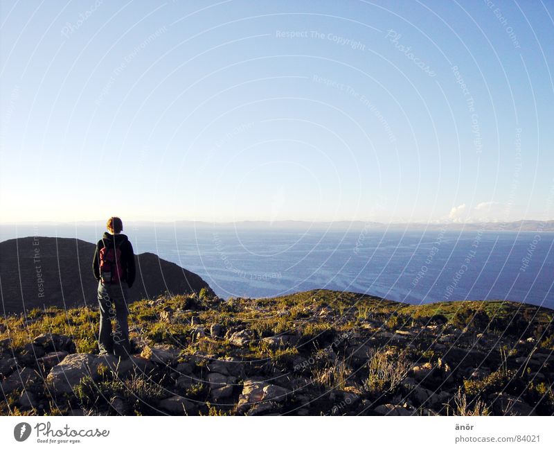 take a peek... Lake Loneliness Horizon Ocean Grass Calm Vacation & Travel Backpack Think Remote Panorama (View) Beautiful weather Vantage point Meadow Mountain