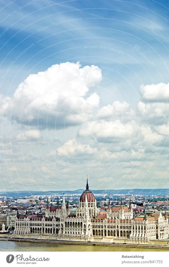 Parliament Budapest Environment Nature Air Water Sky Clouds Horizon Summer Weather Beautiful weather River Danube Hungary Europe Town Capital city Downtown