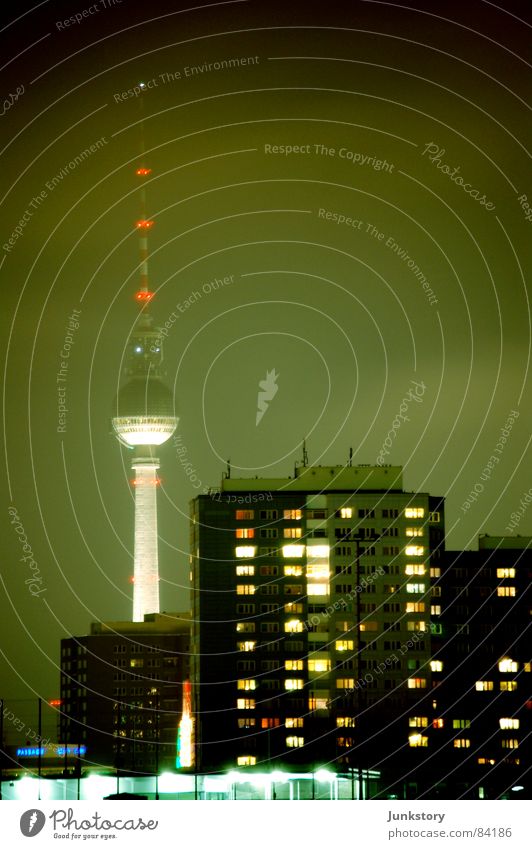 Mama TV Tower watches over her kids. Berlin Friedrichshain Glittering Prefab construction Warschauer Straße Dusk Night Alexanderplatz Dark Town Night life Cold