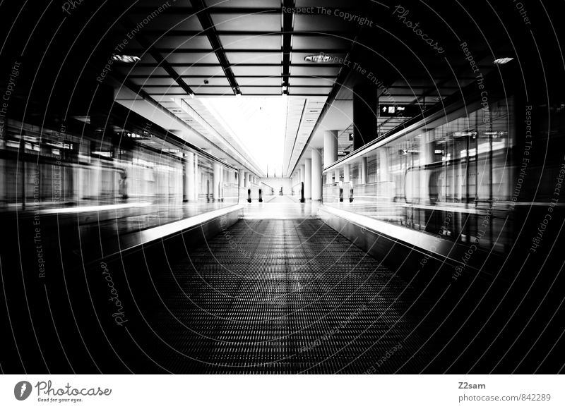 gateway Airport Manmade structures Building Architecture Escalator Traffic infrastructure Passenger traffic Esthetic Dark Sharp-edged Cold Modern Town Business