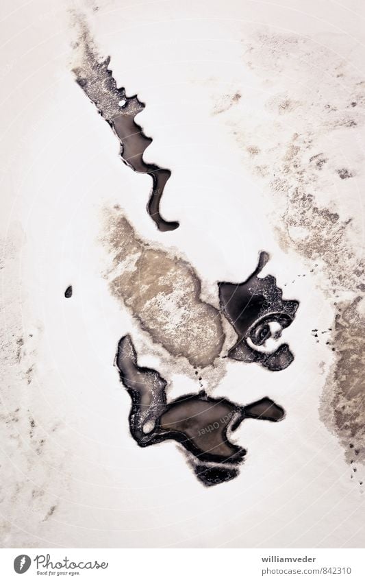 Open structures on an ice surface Winter Snow Winter vacation Water Bad weather River Düna Riga Latvia Europe Cold Broken Gloomy Brown Black White Fear