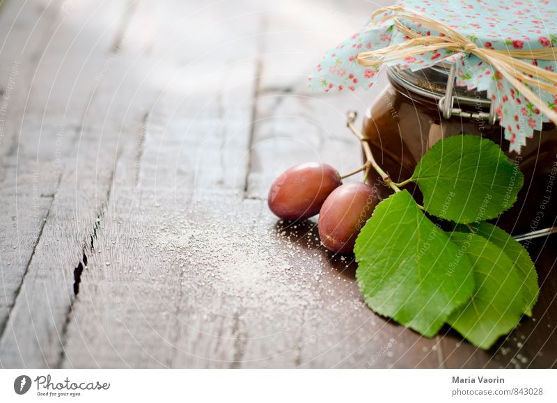 Plum puree 3 Food Fruit Jam Breakfast Fresh Delicious Juicy Sweet plum puree Twig Wooden table Jam jar Preserving jar Sugar Self-made Colour photo Deserted