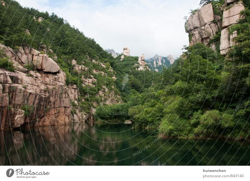 the lake in mountain Tourism Nature Landscape Plant Water Sky Summer Beautiful weather Tree Rock Mountain Lake Hiking Fantastic Large Blue Brown Green Serene