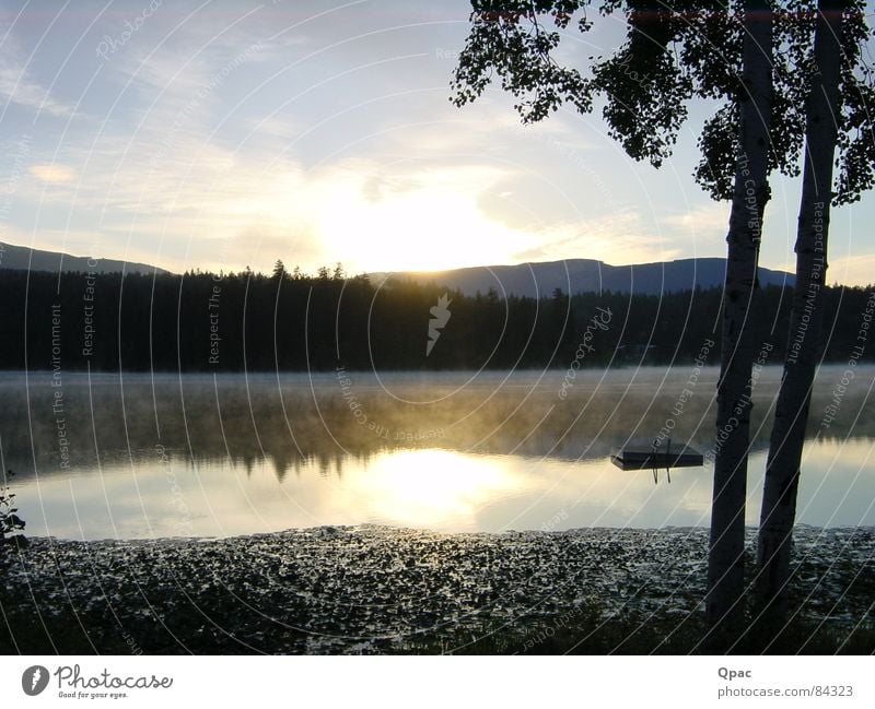 Lake in the morning Sunrise Fog Canada Mirror image Water Coast Mountain