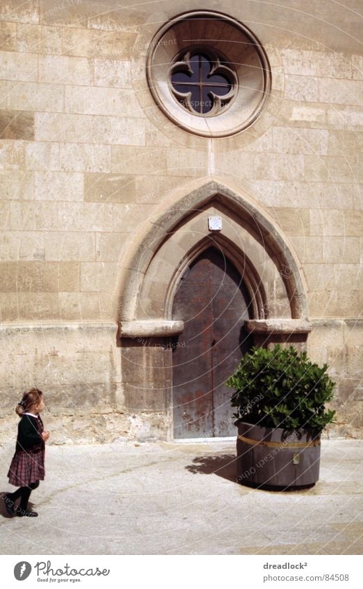 childhood Child Retro Spain Europe Mediterranean Majorca Vacation & Travel Bushes Door Gate Exterior shot Toddler Portal Passage Herbaceous plants